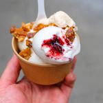 Caffe Bianco Stracciatella and Red Flag with brittle and panna ($7.50)